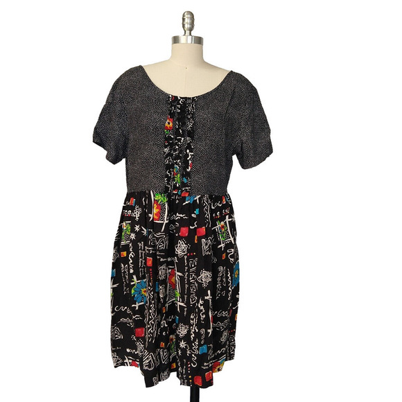 Leisurewear Dresses & Skirts - Vintage 90s Teacher Dress Size M Black Short Sleeve Print Babydoll Miss Frizzle